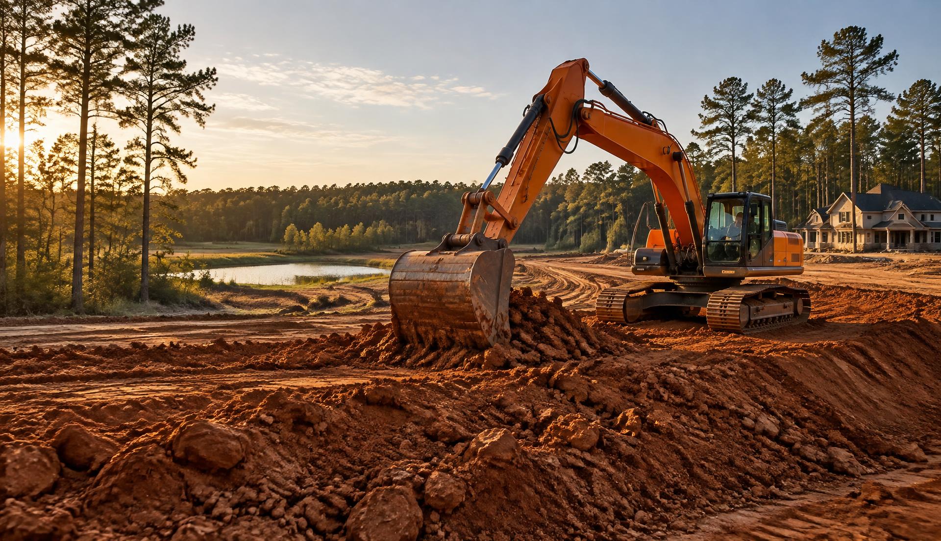 Excavator grading a rural South Carolina property